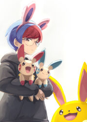 Rule 34 | 1girl, alternate color, azumarill, black hoodie, blue hair, brown eyes, closed mouth, commentary request, creatures (company), game freak, gen 2 pokemon, gen 3 pokemon, glasses, hairband, highres, holding, holding pokemon, hood, hood down, hoodie, itsudzumi, long sleeves, minun, multicolored hair, nintendo, penny (pokemon), pink hairband, plusle, pokemon, pokemon (creature), pokemon sv, red hair, round eyewear, shiny pokemon, two-tone hair, white background