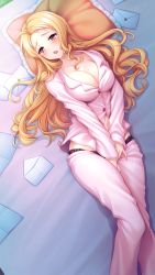 Rule 34 | 1girl, bed sheet, blonde hair, breasts, brown eyes, cleavage, collarbone, doukyuusei 2, doukyuusei another world, dress shirt, female masturbation, from above, game cg, large breasts, letter, long hair, long sleeves, love letter, lying, maijima karen, masturbation, masturbation through clothes, midriff, navel, official art, on back, open mouth, panties, pants, pillow, pink pants, pink shirt, print panties, shirt, solo, stomach, sweat, underwear, very long hair
