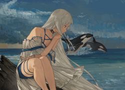 Rule 34 | 1girl, arknights, bare legs, bare shoulders, blue skirt, brown eyes, collar, dated, dress, hand on own chin, highres, long hair, looking ahead, ocean, orca, outdoors, painterly, profile, signature, sitting, skadi (arknights), skirt, solo, splashing, thick thighs, thighs, white dress, white hair, wind, yuanxi