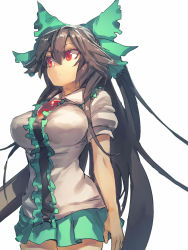 Rule 34 | 1girl, arm cannon, black hair, bow, breasts, green skirt, hair bow, highres, large breasts, long hair, melon22, red eyes, reiuji utsuho, simple background, sketch, skirt, solo, touhou, weapon, white background