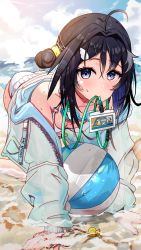 Rule 34 | 1girl, ahoge, all fours, arknights, ass, ball, bare shoulders, beach, beachball, black hair, blue eyes, blush, breasts, cleavage, closed mouth, collarbone, day, eliminate, feather hair, hair bun, hair intakes, hair ornament, hairclip, highres, id card, jacket, la pluma (arknights), la pluma (summer flowers) (arknights), lens flare, long sleeves, looking at viewer, mouth hold, ocean, off shoulder, official alternate costume, open clothes, open jacket, outdoors, short hair, single hair bun, single side bun, sleeves past wrists, small breasts, smile, solo, whistle, white jacket, wing hair ornament