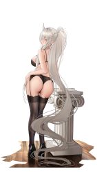 Rule 34 | 1girl, absurdly long hair, arknights, arm support, ass, black bra, black footwear, black panties, black thighhighs, blonde hair, blush, bra, breasts, commission, english text, from behind, full body, garter straps, hand on own ass, high heels, highres, horns, lace, lace-trimmed legwear, lace trim, large breasts, lingerie, long hair, looking at viewer, looking back, panties, patent heels, pumps, red eyes, shining (arknights), shizuko hideyoshi, shoes, simple background, solo, standing, stiletto heels, thighhighs, underwear, very long hair, white background