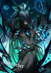Rule 34 | 1boy, ainchase ishmael, artist name, black coat, black gloves, blurry, blurry background, character name, coat, corruption, cube, depth of field, detached arm, elsword, expressionless, floating, floating object, gloves, glowing, green eyes, hair over one eye, hand on own face, herrscher (elsword), high ponytail, highres, koya10305, long hair, male focus, parted lips, sky, solo, star (sky), starry sky, very long hair