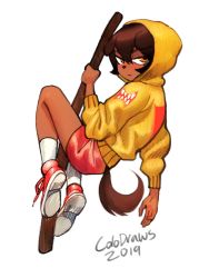 Rule 34 | 1girl, 2019, animal ears, brown eyes, brown hair, colo (nagrolaz), dog ears, dog tail, female focus, furry, furry female, highres, hood, hoodie, looking at viewer, original, red shorts, serious, short hair, shorts, simple background, socks, solo, tail, white background, yellow hoodie