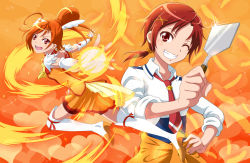 Rule 34 | 10s, 1girl, bike shorts, boots, choker, clothes around waist, cure sunny, dual persona, eyelashes, fire, gloves, grin, hair bun, hair ornament, hairclip, heart, hino akane (smile precure!), magical girl, necktie, one eye closed, open mouth, orange background, orange hair, orange skirt, orange theme, ponytail, precure, red eyes, red hair, red shorts, school uniform, seven (11), short hair, shorts, shorts under skirt, single hair bun, skirt, sleeves rolled up, smile, smile precure!, solo, spatula, sweater, sweater around waist, thigh boots, thighhighs, tiara, white thighhighs, wink