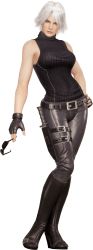 Rule 34 | 1girl, 3d, belt, black gloves, boots, breasts, christie (doa), copyright notice, dead or alive, dead or alive 6, female focus, fingerless gloves, full body, gloves, hand on own hip, highres, holding, holding removed eyewear, knife, large breasts, leather, leather pants, looking at viewer, matching hair/eyes, official art, pants, parted lips, short hair, smile, solo, sunglasses, tagme, tecmo, turtleneck, unworn eyewear, white eyes, white hair