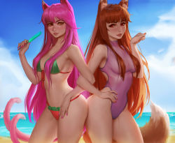 Rule 34 | 2girls, animal ears, beach, bikini, blazblue, blue sky, breasts, brown hair, cat ears, cat tail, closed mouth, cloud, day, deviantart username, fox tail, glasses, hair over breasts, holo, kittew, kokonoe (blazblue), locked arms, long hair, looking at viewer, medium breasts, multiple girls, multiple tails, nail polish, navel, ocean, one-piece swimsuit, orange nails, outdoors, pink hair, pink nails, purple one-piece swimsuit, realistic, rectangular eyewear, red eyes, redrawn, revision, shore, sky, spice and wolf, stomach, sunlight, swimsuit, tail, very long hair, watermark, web address, wolf ears, wolf tail
