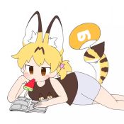 Rule 34 | 1girl, alternate costume, animal ears, animated, blonde hair, book, brown eyes, camisole, casual, commentary, contemporary, extra ears, fanning self, food, food in mouth, hand fan, holding, holding fan, jitome, kemono friends, manga (object), medium hair, mouth hold, paper fan, prehensile tail, reading, serval (kemono friends), serval tail, shorts, simple background, solo, tail, taro (tontaro), video