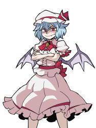 Rule 34 | 1girl, bat wings, blue hair, closed mouth, commentary, crossed arms, eddybird55555, english commentary, fang, hat, hat ribbon, highres, mob cap, parody, red eyes, red ribbon, remilia scarlet, ribbon, ringed eyes, shirt, short hair, short sleeves, simple background, skirt, smile, solo, standing, style parody, touhou, vanripper (style), white background, white hat, white shirt, white skirt, wings