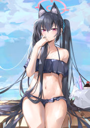 Rule 34 | 1girl, animal ear fluff, animal ears, bare shoulders, bikini, black bikini, black hair, blue archive, closed mouth, dema hmw, extra ears, frilled bikini, frills, frown, hair ribbon, halo, halterneck, hand up, highres, holding, holding own hair, long hair, looking at viewer, midriff, navel, off-shoulder bikini, off shoulder, red eyes, ribbon, serika (blue archive), serika (swimsuit) (blue archive), sitting, solo, spaghetti strap, stomach, swimsuit, thighs, tupet, twintails, v-shaped eyebrows, very long hair, wet