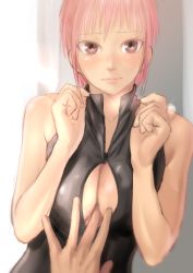 Rule 34 | 1girl, bare arms, bare shoulders, black one-piece swimsuit, blush, breasts squeezed together, breasts, brown eyes, closed mouth, competition swimsuit, finger between breasts, front zipper swimsuit, hands up, highres, kilye kairi, looking at viewer, medium breasts, meme attire, one-piece swimsuit, original, pink eyes, pink hair, pov, pov hands, short hair, solo focus, swimsuit, upper body