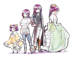 Rule 34 | 1990s (style), 1girl, alternate costume, alternate hairstyle, androgynous, bad id, bad pixiv id, belt, blush, boots, child, coat, crossdressing, crossed arms, doll, dress, elbow gloves, embarrassed, faris scherwiz, female focus, final fantasy, final fantasy v, gloves, gown, hair up, jacket, katsura (+araka), long hair, moogle, multiple persona, aged up, open mouth, pants, pirate, ponytail, princess, purple hair, reverse trap, ribbon, shirt, short twintails, solo, spoilers, standing, stuffed animal, stuffed toy, time paradox, tomboy, twintails, white shirt, yellow ribbon, aged down