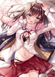 1girl, :d, ahoge, arm up, bangs, bed sheet, black bra, black jacket, black panties, blazer, blue eyes, blush, bra, breasts, brown hair, cleavage, collared shirt, commentary request, dress shirt, eyebrows visible through hair, fringe trim, glint, groin, hair between eyes, heart, holding, holding heart, jacket, jacket removed, long hair, long sleeves, looking at viewer, lying, medium breasts, navel, neck ribbon, on back, open clothes, open mouth, open shirt, open skirt, original, panties, pink scarf, pleated skirt, red ribbon, red skirt, ribbon, sakura hiyori, scarf, school uniform, shirt, skirt, skirt pull, sleeves past wrists, smile, solo, underwear, very long hair, white shirt