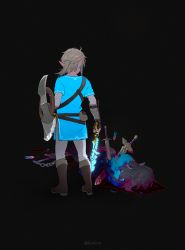 Rule 34 | 1boy, arrow (projectile), belt, belt bag, blonde hair, blood, boots, clone, commentary, corpse, dark background, death, dual persona, earrings, fingerless gloves, gloves, highres, holding, holding shield, holding sword, holding weapon, jewelry, kaninn, link, long hair, long sleeves, looking at another, lying, male focus, murder, nintendo, pants, pointy ears, ponytail, shield, simple background, single earring, star (symbol), sword, the legend of zelda, the legend of zelda: breath of the wild, triforce, tunic, weapon