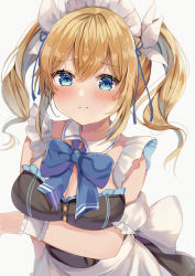 Rule 34 | 1girl, :|, alternate costume, apron, arm under breasts, back bow, barbara (genshin impact), blue bow, blue bowtie, blue eyes, blush, bow, bowtie, breast hold, breasts, buttons, closed mouth, commentary, detached collar, detached sleeves, drill hair, enmaided, eyelashes, feet out of frame, genshin impact, headdress, highres, looking at viewer, maid, maruro, medium hair, sash, sidelocks, simple background, solo, standing, sweatdrop, waist apron, white apron, white background, white sash, white sleeves, wing collar, wrist cuffs