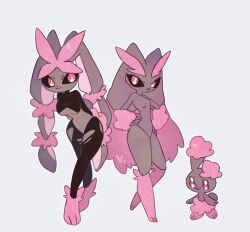 3girls alternate_color animal_ears animal_nose black_sclera black_shirt body_fur breasts brown_fur buneary colored_sclera creatures_(company) full_body furry furry_female game_freak gen_4_pokemon highres looking_at_viewer lopunny masayo_(skip) mega_lopunny mega_pokemon multiple_girls nintendo pink_fur pokemon pokemon_(creature) rabbit_ears rabbit_girl rabbit_tail shiny_pokemon shirt simple_background small_breasts standing tail two-tone_fur underboob white_background