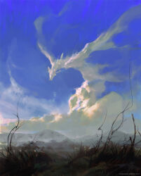 Rule 34 | cloud, cloud focus, commentary, day, dragon, english commentary, fantasy, grass, hill, kingkostasart, landscape, mountainous horizon, no humans, original, outdoors, realistic, scenery, shaped cloud, surreal, wings