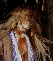 Rule 34 | 1girl, alternate hair length, alternate hairstyle, blonde hair, blood, blood on chest, blood on face, brown shirt, candle, fire, fire, green eyes, hashihime, highres, long hair, mizuhashi parsee, mouth hold, shirt, solo, touhou, upper body, xbsx