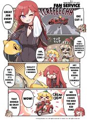Rule 34 | 3girls, 4koma, absurdres, akira (manga), akira slide, bicycle, blonde hair, comic, crossover, female knight (guardian tales), guardian tales, highres, little princess (guardian tales), motor vehicle, motorcycle, movie star eugene, multiple girls, official art, official manga, red hair
