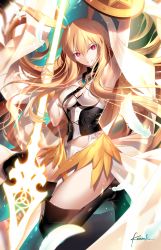 Rule 34 | 1girl, arm up, armpits, black thighhighs, blonde hair, boots, bracelet, breasts, cleavage, fate/grand order, fate (series), feathers, hair between eyes, head wings, hip focus, jewelry, kousaki rui, long hair, looking at viewer, medium breasts, polearm, red eyes, sash, shield, smile, solo, spear, thigh boots, thighhighs, thrud (fate), valkyrie (fate), weapon, wings