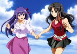 Rule 34 | 2000s (style), 2girls, artbook, black hair, cloud, cowboy shot, eye contact, fate/stay night, fate (series), highres, holding hands, long hair, long skirt, looking at another, matou sakura, miniskirt, multiple girls, official art, outdoors, purple hair, rotated, siblings, sisters, skirt, sky, tohsaka rin