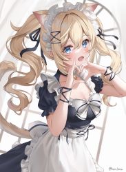 Rule 34 | 1girl, absurdres, alternate costume, animal ear fluff, animal ears, apron, barbara (genshin impact), bell, black ribbon, blonde hair, blue eyes, blush, bow, breasts, cat ears, cat girl, cat tail, cleavage, drill hair, enmaided, extra ears, frilled apron, frills, genshin impact, hair between eyes, hair ribbon, hairband, hands up, harukix, heart, heart hands, highres, long hair, maid, maid apron, maid headdress, medium breasts, neck bell, open mouth, puffy short sleeves, puffy sleeves, ribbon, ringlets, short sleeves, sidelocks, smile, solo, tail, twin drills, twitter username, white apron, white bow, white hairband, wrist ribbon