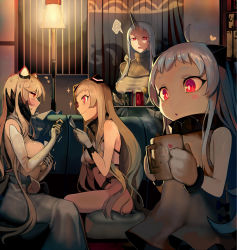 Rule 34 | ..., 10s, 4girls, abyssal ship, airfield princess, breasts, cup, dress, drinking glass, flying sweatdrops, heart, highres, holding, holding cup, horns, indoors, kantai collection, lamp, large breasts, long hair, midway princess, mittens, mug, multiple girls, northern ocean princess, open mouth, red eyes, seaport princess, single horn, sitting, sleeveless, sleeveless dress, smile, sparkle, spoken ellipsis, sweatdrop, walzrj, white dress, white hair