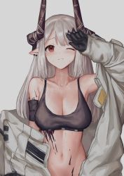 Rule 34 | 1girl, arknights, arm up, armband, bare shoulders, black gloves, blush, breasts, cleavage, commentary, crop top, gloves, grey background, highres, horns, long hair, looking at viewer, material growth, medium breasts, midriff, mudrock (arknights), mudrock (elite ii) (arknights), nashidrop, navel, off shoulder, one eye closed, oripathy lesion (arknights), red eyes, revision, silver hair, simple background, solo, sports bra, stomach, sweat, upper body