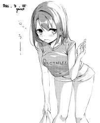 Rule 34 | 10s, 1girl, 2016, blush, clothes writing, dated, garnet, greyscale, halftone, highres, holding, leaning forward, midriff, monochrome, original, parted lips, shirt, short shorts, shorts, signature, solo, standing