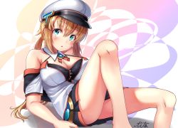 Rule 34 | 1girl, :o, aqua eyes, arm support, bare legs, black bra, black skirt, blonde hair, bra, breasts, cleavage, commentary request, detached collar, grin, hair ornament, hair ribbon, hand on own hip, hat, head tilt, highres, knee up, large breasts, long hair, looking at viewer, low twintails, navel, ocean, off-shoulder shirt, off shoulder, original, peaked cap, ribbon, shirt, sidelocks, signature, sitting, skirt, sky, smile, soba chatarou (tita), solo, twintails, underwear, white hat