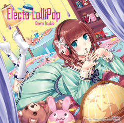 Rule 34 | 1girl, :3, album cover, blush, book, bow, cover, dress, drink, drinking straw, globe, hair bow, headphones, heart, kazuharu kina, lamp, lying, nail polish, on stomach, original, planet, revision, solo, stuffed toy, teapot
