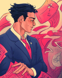 Rule 34 | 1boy, ace attorney, artist name, black hair, blue suit, collared shirt, envelope, formal, hair slicked back, highres, kavaleyre, lapel pin, male focus, manila envelope, necktie, papers, phoenix wright, pink necktie, shirt, short hair, solo, suit, upper body, white shirt