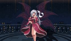 Rule 34 | 1girl, adapted costume, arched back, balcony, bare legs, bare shoulders, blue eyes, building, capelet, clothes lift, covered navel, dress, dress lift, feet out of frame, hair bobbles, hair ornament, head tilt, highres, long hair, looking at viewer, multiple wings, night, night sky, nukekip, one side up, open mouth, outdoors, parted lips, pixel art, railing, red dress, ribbon, shinki (touhou), side ponytail, silver hair, sky, solo, star (sky), starry sky, thighs, touhou, touhou (pc-98), turtleneck, turtleneck dress, very long hair, wings