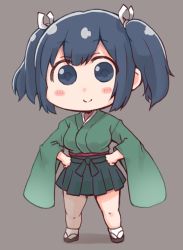 Rule 34 | 1girl, blue eyes, blush, breasts, chibi, es (eisis), green hakama, green kimono, grey background, hair ribbon, hakama, hakama skirt, hands on own hips, highres, japanese clothes, kantai collection, kimono, large breasts, looking at viewer, ribbon, sidelocks, simple background, skirt, smile, solo, souryuu (kancolle), standing, twintails, white ribbon, wide sleeves