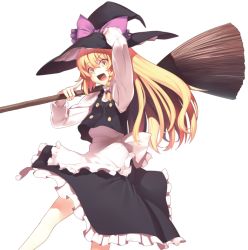 Rule 34 | 1girl, :d, apron, arm up, black hat, black skirt, black vest, blonde hair, bow, braid, broom, commentary request, feet out of frame, frilled apron, frills, hair between eyes, hair bow, hat, hat bow, holding, holding broom, kaiza (rider000), kirisame marisa, long hair, long sleeves, looking at viewer, open mouth, petticoat, pointing, pointing at self, purple bow, shirt, simple background, single braid, skirt, skirt set, smile, solo, touhou, transparent background, vest, waist apron, white apron, white background, white shirt, yellow eyes