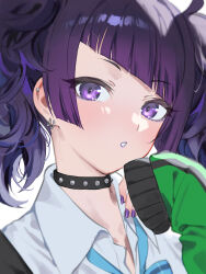 Rule 34 | 1girl, :o, blunt bangs, choker, commentary, diagonal bangs, earrings, fingernails, highres, idolmaster, idolmaster shiny colors, jewelry, looking at viewer, nail polish, open collar, purple eyes, purple hair, school uniform, shirt, simple background, solo, spiked choker, spikes, tanaka mamimi, twintails, upper body, white background, white shirt, yumeme 818