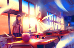 Rule 34 | 1boy, 1girl, apple, blue skirt, blunt bangs, chair, classroom, collared shirt, commentary request, curtains, desk, food, fruit, indoors, long hair, looking at viewer, necktie, original, parted lips, pleated skirt, scenery, school desk, shirt, sitting, skirt, standing, sunset, wataboku, white shirt, window, wing collar