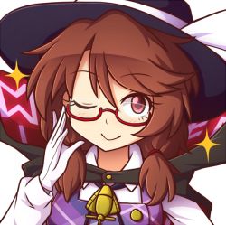 Rule 34 | 1girl, ;), black cape, black hat, bow, brown eyes, brown hair, cape, commentary, commission, english commentary, eyelashes, fedora, glasses, gloves, hair between eyes, hand up, hat, hat bow, high collar, long sleeves, looking at viewer, low twintails, one eye closed, plaid, plaid vest, portrait, purple vest, red-framed eyewear, shirt, short hair, simple background, smile, solo, sparkle, touhou, twintails, usami sumireko, vest, white background, white bow, white gloves, white shirt, wool (miwol)