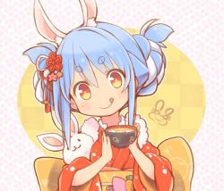 Rule 34 | 1girl, 1other, :3, :q, alternate costume, animal ear fluff, animal ears, blue hair, blush, bowl, braid, braided bun, braided hair rings, commentary request, don-chan (usada pekora), double bun, eyes visible through hair, flower, food, food-themed hair ornament, hair between eyes, hair bun, hair ornament, hair rings, holding, holding bowl, hololive, japanese clothes, kimono, kuro (kuroneko no kanzume), long hair, looking at viewer, new year, obi, official alternate costume, orange eyes, patterned background, pekomon (usada pekora), print kimono, rabbit, rabbit ears, rabbit girl, red kimono, sash, sidelocks, smile, symbol-shaped pupils, tongue, tongue out, upper body, usada pekora, usada pekora (new year), virtual youtuber, zouni soup