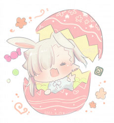 Rule 34 | 1girl, = =, animal ears, blush, broken egg, candy wrapper, chibi, closed eyes, cracked egg, ear piercing, earrings, easter egg, egg, eggshell, facing viewer, fang, grey hair, highres, ishikawa luna, jewelry, kemonomimi mode, looking at viewer, mini person, minigirl, nikki kyousuke, open mouth, original, piercing, pointy ears, rabbit ears, side ponytail, simple background, solo, stud earrings, white background