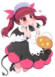 Rule 34 | 1girl, :p, apron, black dress, black footwear, blush, boots, bow, demon tail, demon wings, dress, food, food on face, hair bow, halloween, halloween costume, hands on own face, heart, highres, jack-o&#039;-lantern, kemurikusa, maid headdress, pink bow, pink eyes, ransusan, red hair, rina (kemurikusa), simple background, sleeveless, sleeveless dress, smile, solo, tail, tongue, tongue out, twintails, white background, wings