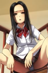Rule 34 | 1girl, absurdres, black hair, blurry, blurry background, blush, bow, brown eyes, brown skirt, collared shirt, depth of field, disgust, dress shirt, fingernails, forehead, half-closed eyes, highres, looking at viewer, matsunaga kouyou, nose blush, open mouth, original, panties, parted bangs, plaid, plaid skirt, pleated skirt, railing, red bow, shirt, short sleeves, sitting, skirt, solo, spread legs, underwear, white panties, white shirt