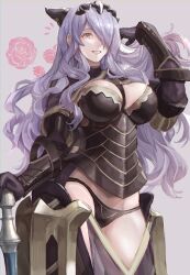 Rule 34 | 1girl, absurdres, armor, breasts, camilla (fire emblem), cleavage, fire emblem, flower, hair over one eye, highres, large breasts, legs, long hair, looking at viewer, nintendo, parted lips, purple eyes, purple hair, rose, smile, solo, thighs, weapon