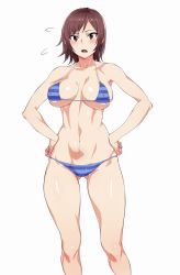 Rule 34 | 1girl, :d, alternate costume, bare legs, bare shoulders, bikini, blue bikini, blush, breasts, brown eyes, brown hair, cleavage, covered erect nipples, gluteal fold, hands on own hips, highres, hiiragi yuuichi, kazama asuka, large breasts, looking at viewer, namco, navel, open mouth, parted bangs, red eyes, short hair, simple background, skindentation, smile, solo, standing, string bikini, striped bikini, striped clothes, swimsuit, tekken, white background