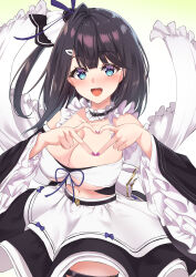 Rule 34 | 1girl, :d, absurdres, azur lane, blue eyes, blush, breasts, cleavage, collar, cowboy shot, detached collar, detached sleeves, frilled collar, frilled sleeves, frills, gradient background, green background, hair ornament, hair ribbon, hairclip, hands up, heart, heart hands, highres, large breasts, liverpool (azur lane), long hair, looking at viewer, maid, midriff, navel, open mouth, purple eyes, purple nails, ribbon, simple background, single hair intake, smile, solo, two-tone eyes, white background, wide sleeves, yanazawa ko