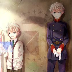 Rule 34 | 10s, 1boy, 1girl, age comparison, aldnoah.zero, asseylum vers allusia, belt, blonde hair, blue eyes, cardigan, child, gloves, green eyes, jacket, looking to the side, md5 mismatch, military, military jacket, military uniform, necktie, open mouth, out of frame, rirako, short hair, silver hair, slaine troyard, standing, sweater, uniform, wall, white gloves