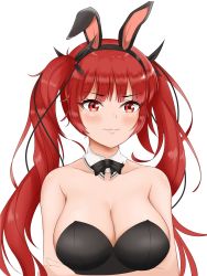 Rule 34 | 1girl, alternate costume, animal ears, arm at side, azur lane, bare arms, bare shoulders, black bow, black bowtie, black leotard, black ribbon, blunt bangs, bow, bowtie, breasts, cleavage, closed mouth, collarbone, detached collar, embarrassed, etude man, eyelashes, fake animal ears, female focus, hair ribbon, hand on own arm, highres, honolulu (azur lane), large breasts, leotard, long hair, looking at viewer, messy hair, neck, playboy bunny, rabbit ears, red eyes, red hair, ribbon, sidelocks, simple background, solo, strapless, strapless leotard, tareme, twintails, upper body, v-shaped eyebrows, wavy mouth, white background