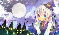 Rule 34 | 1girl, animal, animal ear fluff, animal ears, bat (animal), black dress, black hat, black wings, blue eyes, blush, braid, breasts, building, closed mouth, cloud, copyright request, dress, ear down, feathered wings, full moon, hair between eyes, hand up, hat, heterochromia, index finger raised, kou hiyoyo, long hair, long sleeves, looking at viewer, mini hat, mini witch hat, moon, multicolored hair, night, night sky, outdoors, purple eyes, red hair, shirt, silver hair, sky, sleeveless, sleeveless dress, sleeves past wrists, small breasts, smile, solo, streaked hair, tilted headwear, white shirt, wings, witch hat