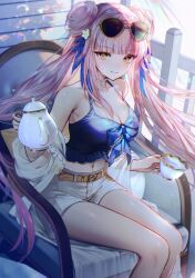 Rule 34 | 1girl, arknights, bare legs, blue shirt, breasts, building, ceylon (arknights), ceylon (holiday) (arknights), chair, cleavage, commentary, cup, double bun, eyewear on head, feather hair, feet out of frame, front-tie top, hair bun, highres, holding, holding cup, holding teapot, jacket, large breasts, long hair, looking at viewer, midriff, official alternate costume, outdoors, pink hair, railing, shirt, shorts, smile, solo, spaghetti strap, sunglasses, swimsuit cover-up, tarutaru yamaoka, teacup, teapot, white jacket, white shorts, yellow eyes