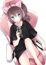 Rule 34 | 1girl, absurdres, ahoge, animal ear headphones, animal ears, barefoot, bendy straw, black shirt, blue eyes, brown hair, can, cat ear headphones, chair, chiyomaru (yumichiyo0606), collarbone, drinking straw, energy drink, fake animal ears, feet out of frame, gaming chair, hair between eyes, hand up, headphones, highres, holding, holding can, hololive, looking at viewer, monster energy, natsuiro matsuri, no pants, office chair, on chair, panties, shirt, short sleeves, side ponytail, simple background, sitting, solo, swivel chair, underwear, virtual youtuber, white background, white panties
